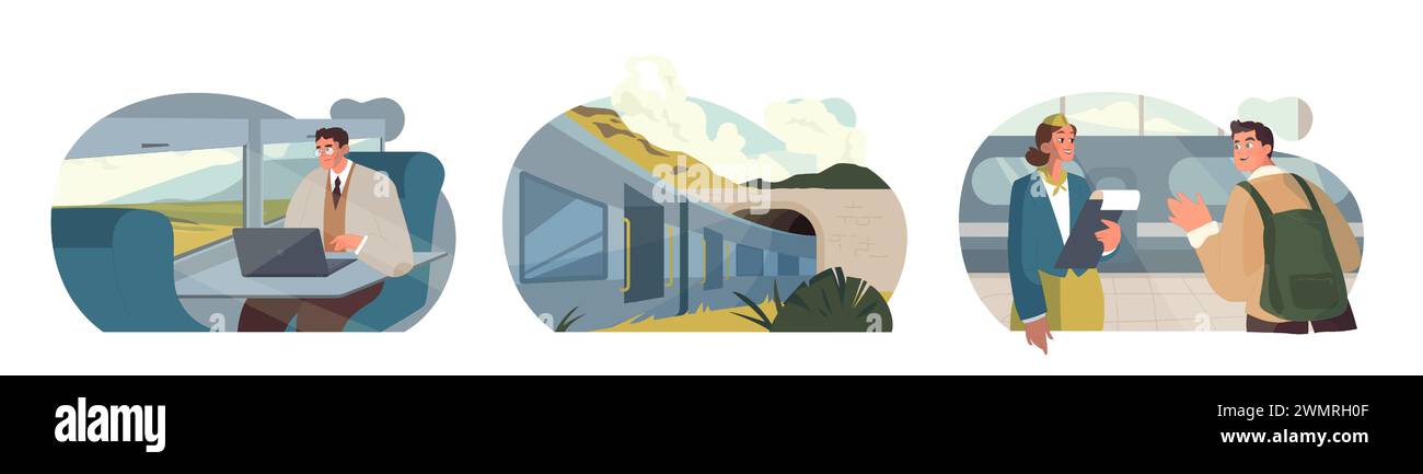 Train Journey Scenes. Businessman working, scenic mountain routes, friendly passenger interactions. Expresses travel dynamics. Stock Vector