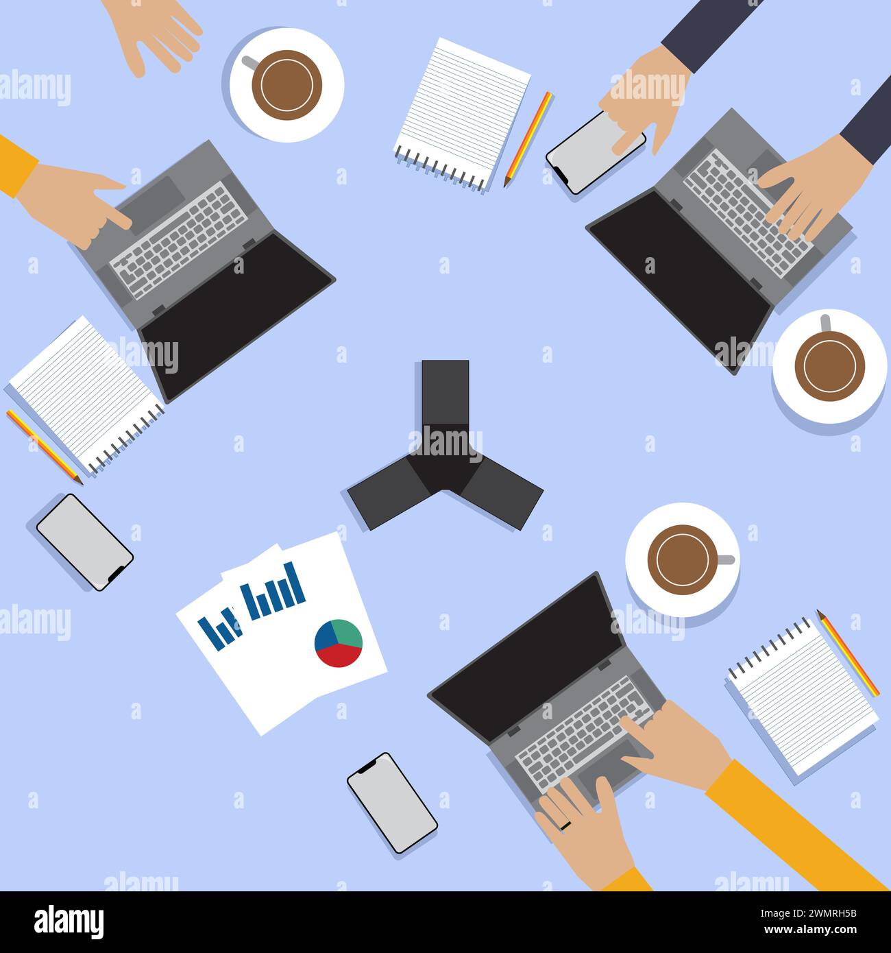 View of an office meeting from above, busy employees discussing business performance at a conference table, Colleague teamwork concept Stock Vector