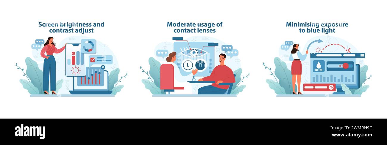 Vision Health Strategy Set. Vector illustrations on adjusting screen brightness, moderate 