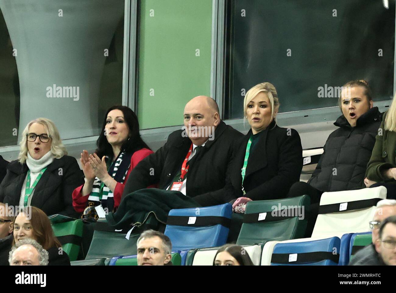 (left - right) DUP MLA Pam Cameron, Deputy First Minister Emma Little-Pengelly, IFA President Conrad Kirkwood, First Minister Michelle O'Neill and Sinn Fein MLA Aisling Reilly react during the UEFA Women's Nations League Promotion/Relegation Play Off 2nd leg match at Windsor Park, Belfast. Picture date: Tuesday February 27, 2024. Stock Photo