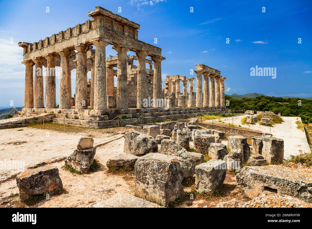 Greece travel and landmarks . antique temple of Orfeas in Aegina island, the prototipe of Acropolis. Saronics gulf Stock Photo