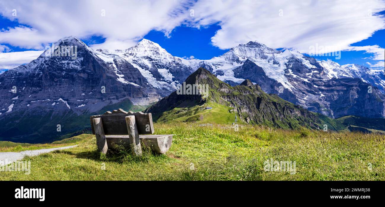 Swiss nature scenery. Scenic snowy Alps mountains Beauty in nature. Switzerland landscape. View of Mannlichen mountain and famous hiking route 'Royal Stock Photo