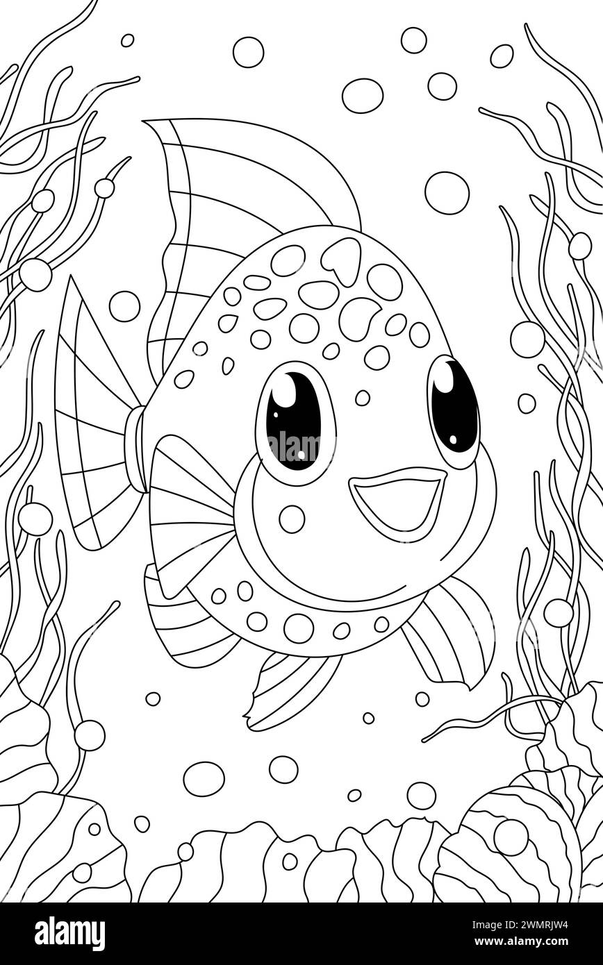 Fish coloring page drawing for kids Black and White Stock Photos