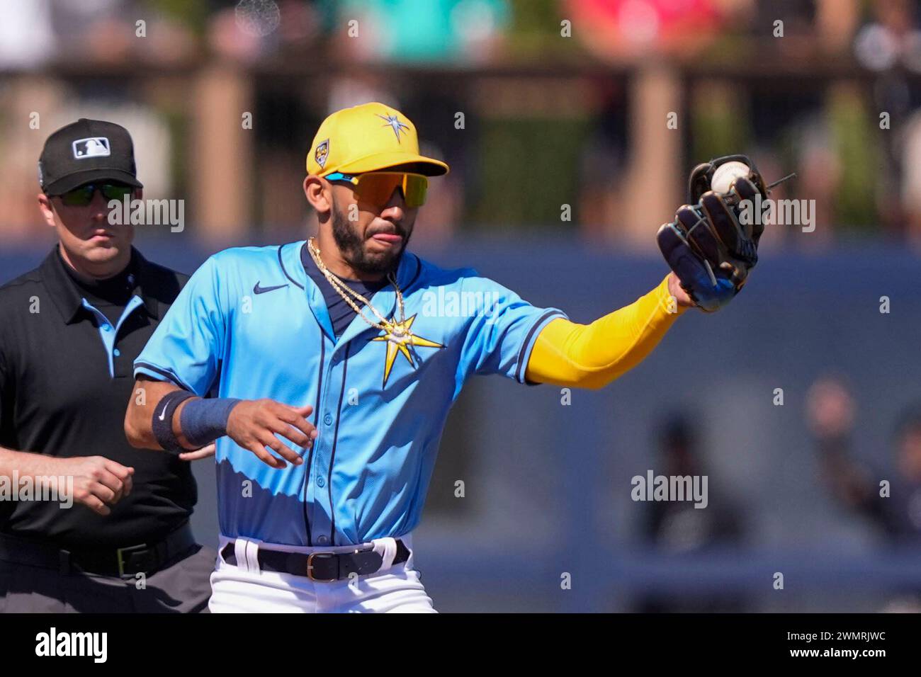 Tampa Bay Rays second baseman Jose Caballero fields a groundout by New ...