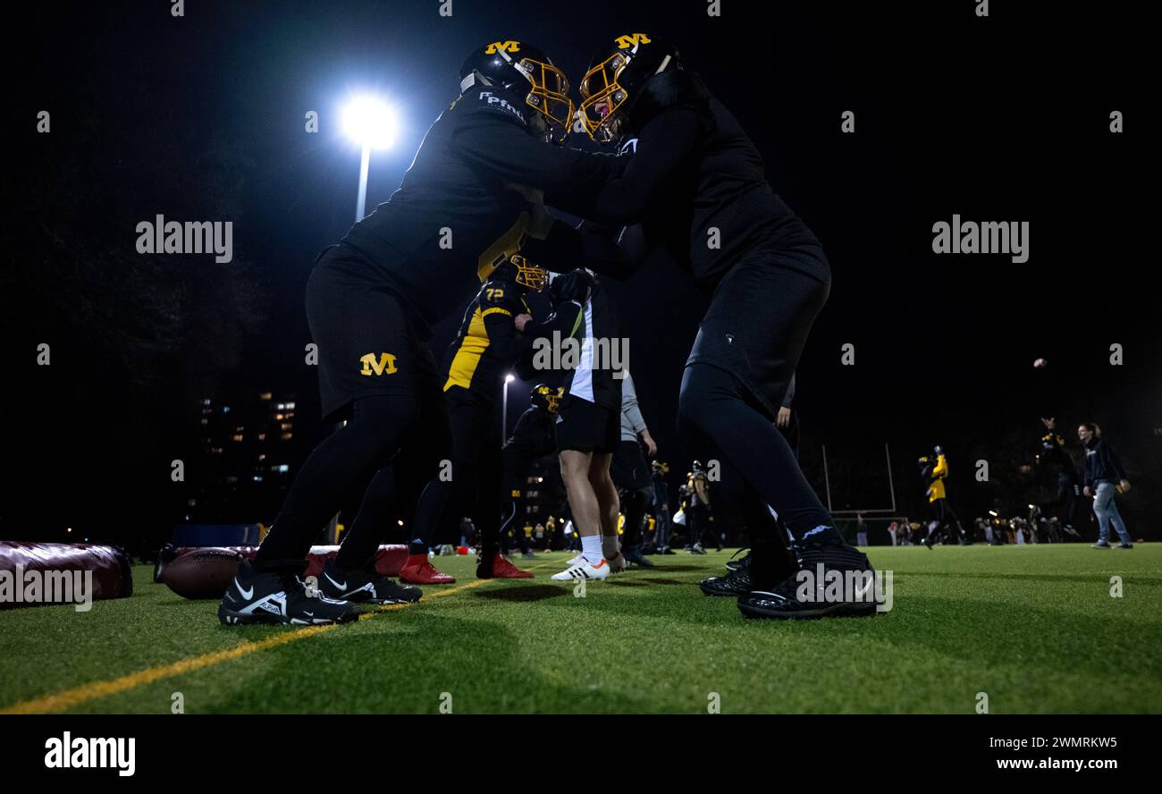 Munich, Germany. 27th Feb, 2024. Munich Cowboys players train at the training ground on Görzer Straße. The club is one of the oldest football clubs in Germany. Credit: Sven Hoppe/dpa/Alamy Live News Stock Photo