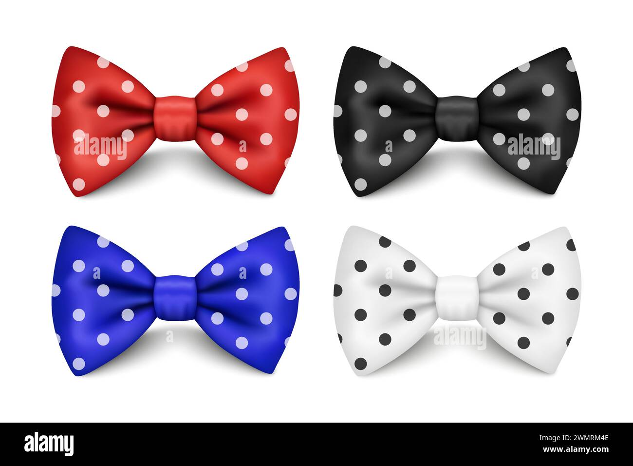 Vector 3D Realistic Red, Black, Blue, White Polka Dot Bow Tie Set Isolated. Silk Glossy Bowtie, Tie Gentleman. Mockup, Design Template of Stylish Bow Stock Vector