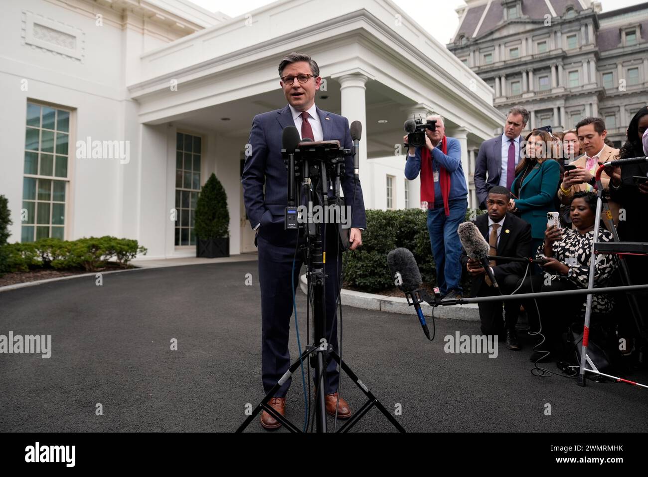House Speaker Mike Johnson of La., talks with reporters outside the ...