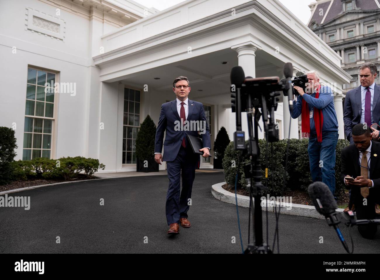 House Speaker Mike Johnson of La., arrives to speak to members of the ...