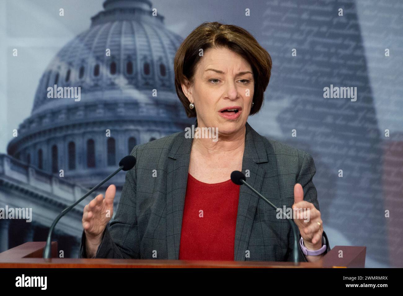 United States Senator Amy Klobuchar (Democrat of Minnesota) offers remarks on the Alabama Supreme Court Ruling on IVF, and the need to safeguard IVF access nationwide, at the US Capitol in Washington, DC, Tuesday, February 27, 2024. Credit: Rod Lamkey/CNP/MediaPunch Stock Photo