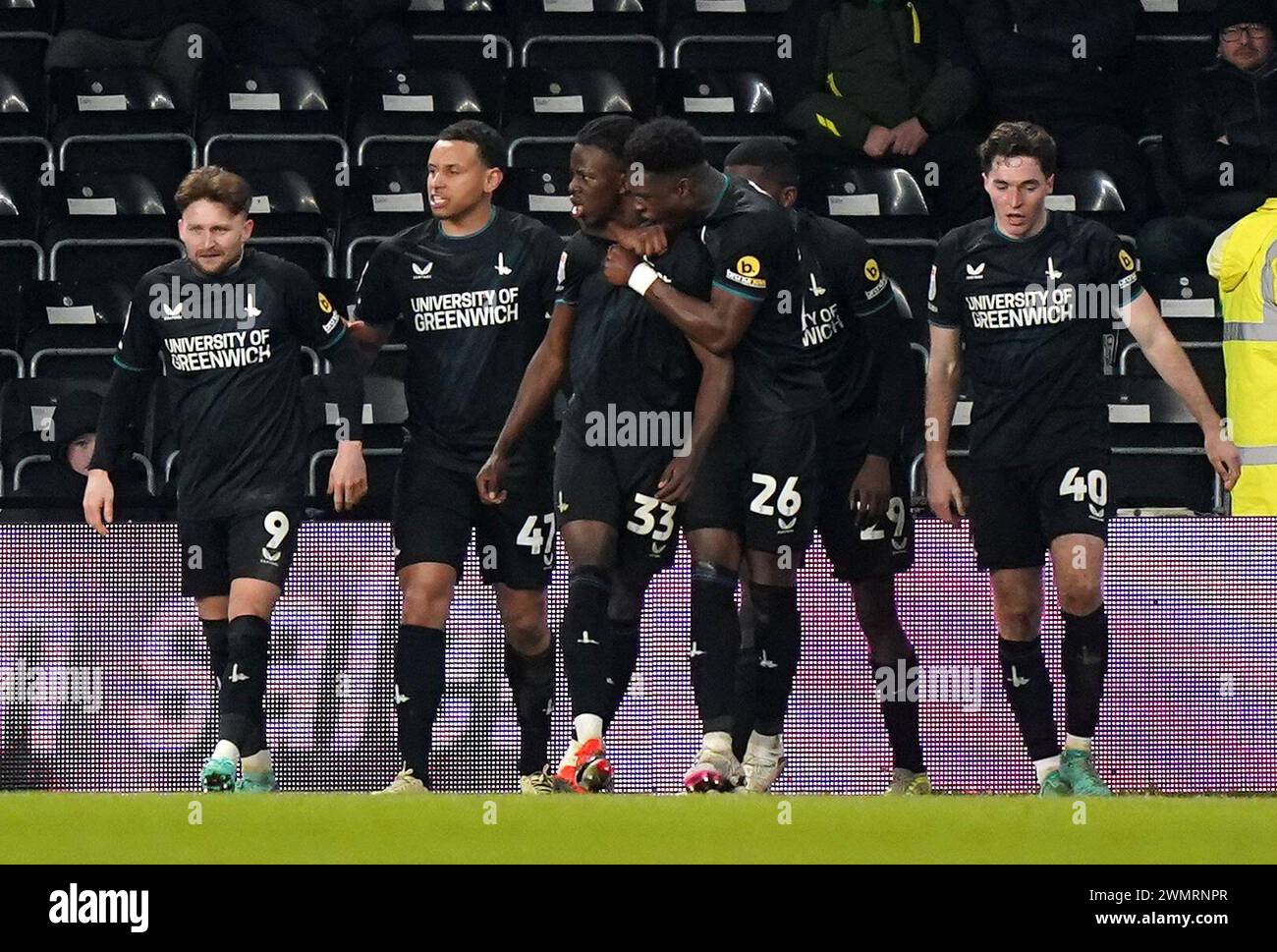 Charlton Athletic's Karoy Anderson (centre) celebrates scoring their side's second goal of the game with team-mates during the Sky Bet League One match at Pride Park, Derby. Picture date: Tuesday February 27, 2024. Stock Photo