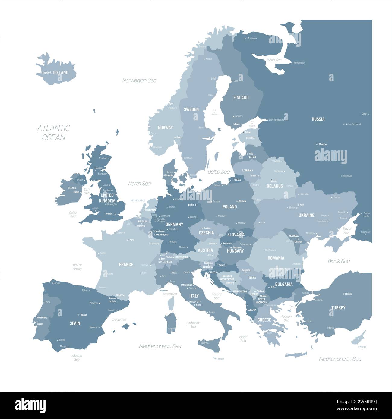 Political map of Europe. Blue colored vector map with capital and