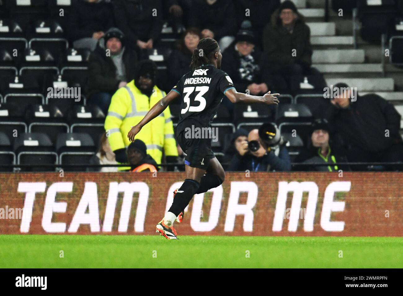 Derby, UK. 27th Feb, 2024. Charlton Athletic midfielder Karoy Anderson (33) scores a GOAL 1-2 and celebrates during the Derby County FC v Charlton Athletic FC sky bet EFL League One match at Pride Park Stadium, Derby, England, United Kingdom on 27 February 2024 Credit: Every Second Media/Alamy Live News Stock Photo