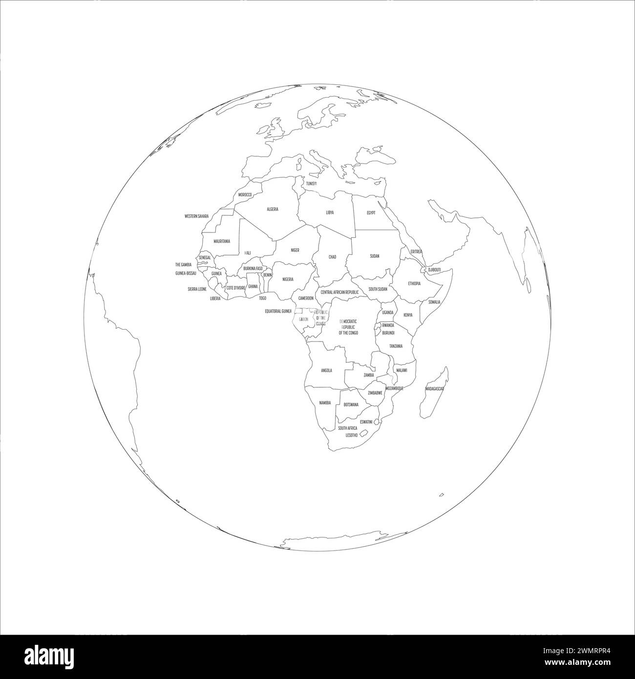 Political map of Africa. Thin black outline map with country name labels on white background. Ortographic projection. Vector illustration Stock Vector