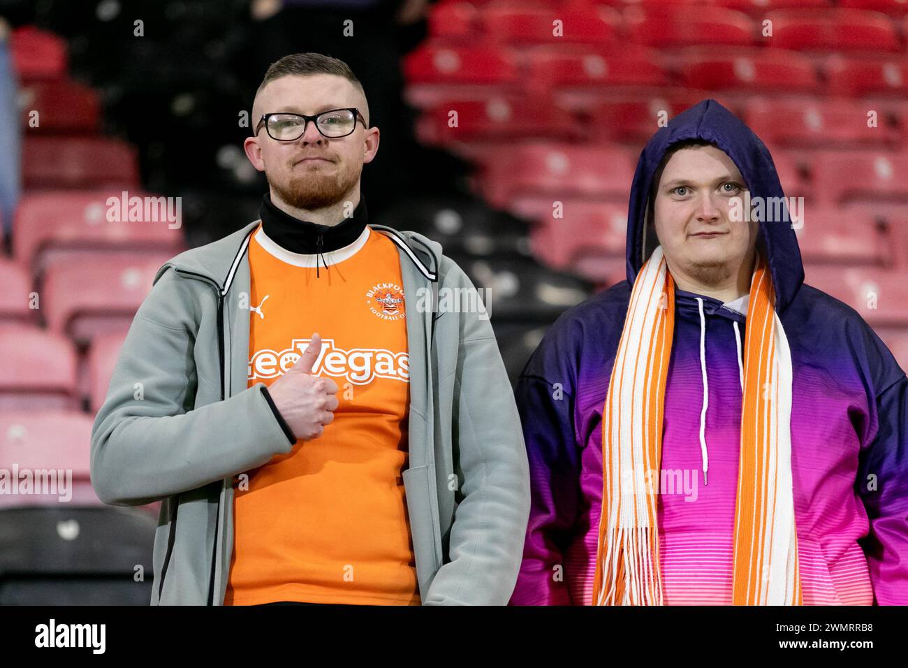 Supporters of Blackpool after the Sky Bet League 1 match Leyton Orient vs Blackpool at Matchroom Stadium, London, United Kingdom, 27th February 2024  (Photo by Juan Gasparini/News Images) Stock Photo