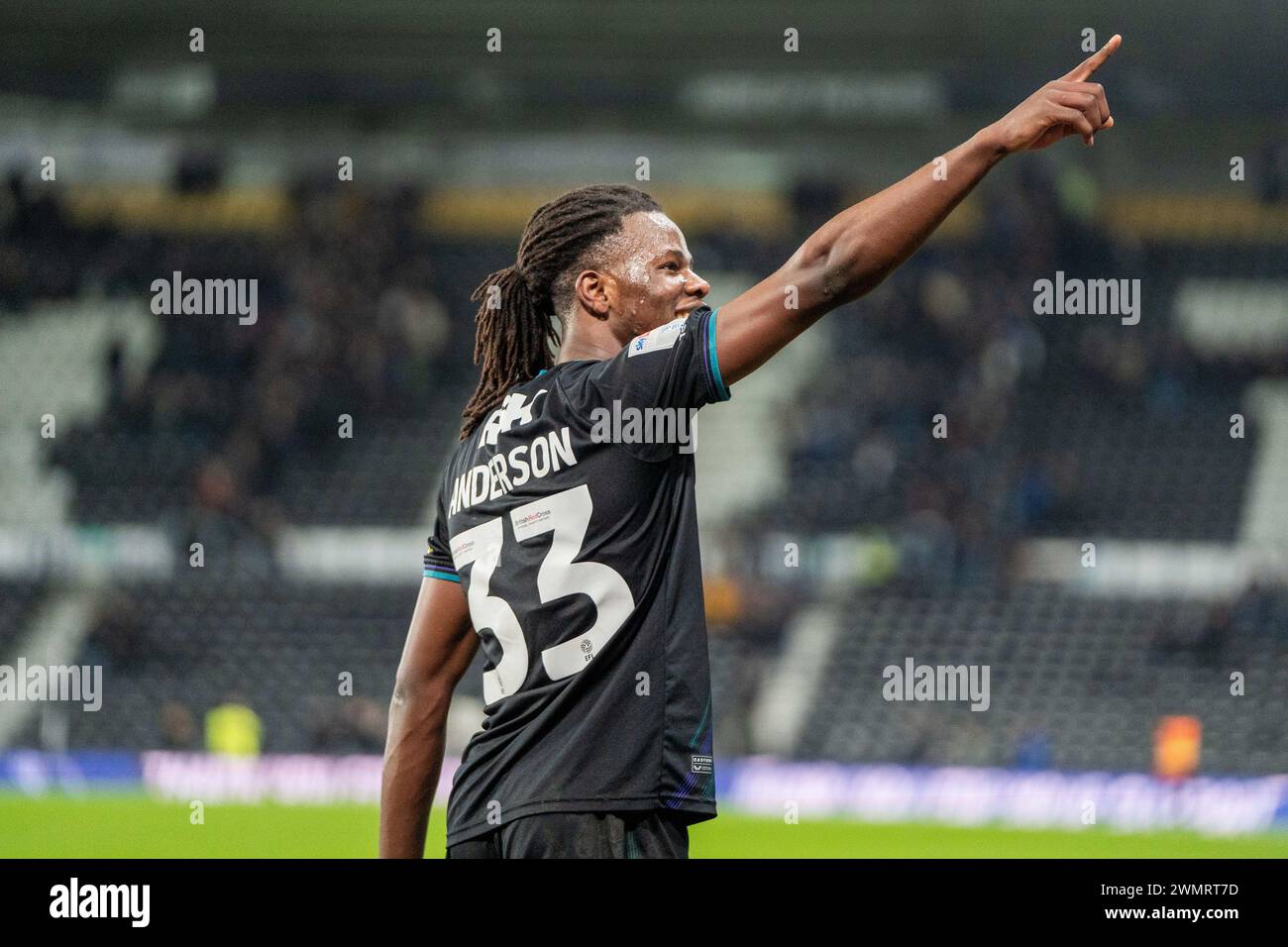 Charlton Athletic midfielder Karoy Anderson (33) points to the fans after the Derby County FC v Charlton Athletic FC sky bet EFL League One match at Pride Park Stadium, Derby, England, United Kingdom on 27 February 2024 Credit: Every Second Media/Alamy Live News Stock Photo