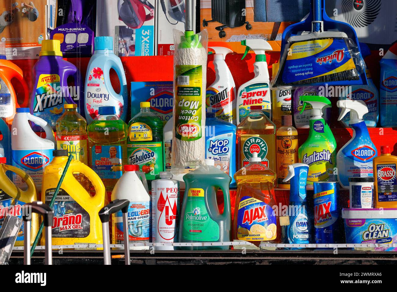 A store window display of American household cleaning products, soaps and detergents. Stock Photo