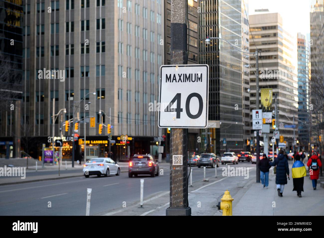 Toronto, ON, Canada – February 20, 2024: Speed Sign on the street in Toronto Downtown Stock Photo