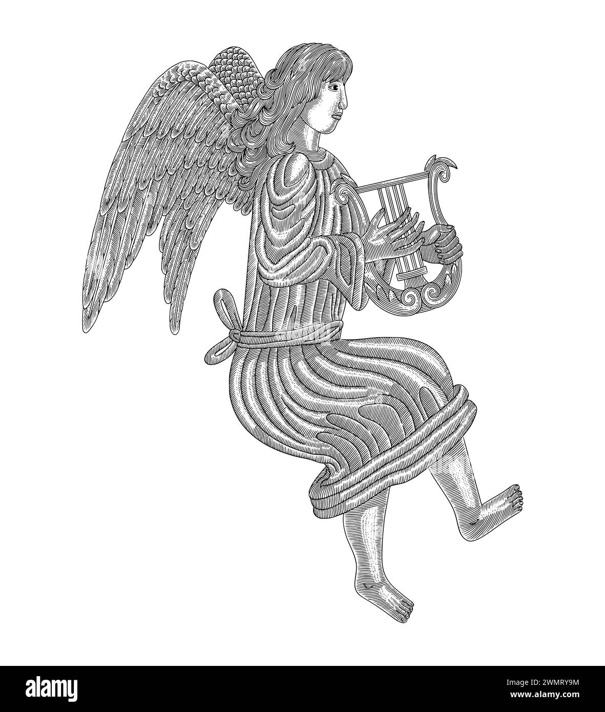 Angel playing harp, Vintage engraving drawing style vector illustration Stock Vector