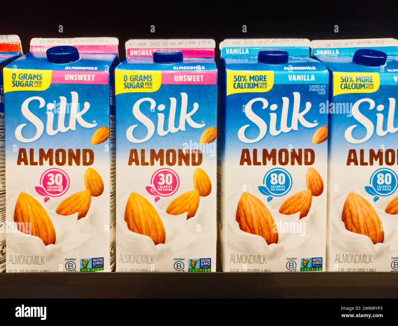 Houston, Texas USA 01-06-2022: Silk Almond Milk cartons displayed on a supermarket shelf. Plant-based milk substitute drink. Stock Photo