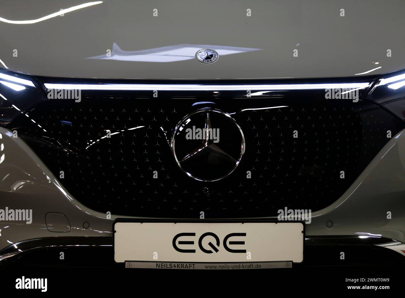 Mercedes Benz EQE seen during automobile Exhibition in Giessen Hessenhallen. Stock Photo