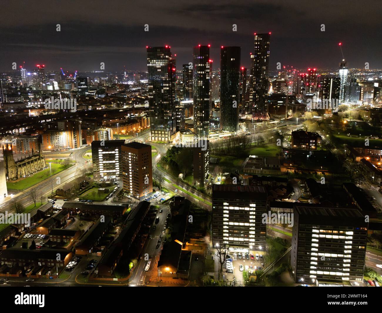 Aerial of Deansgate Square Manchester UK in the blue zone just before sunrise.Deansgate Square South Tower, Stock Photo