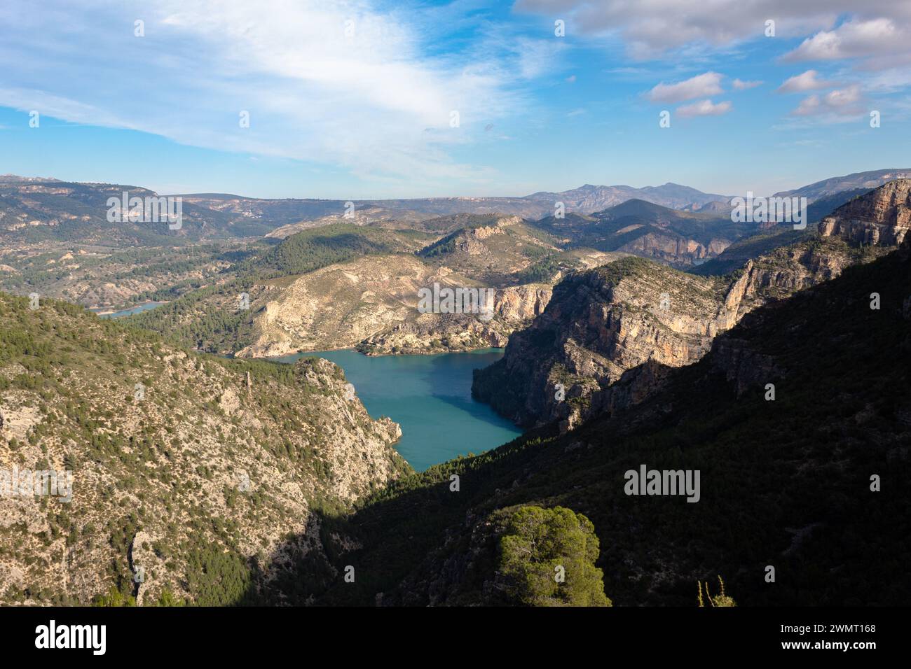 Panoramic view of the Cortes de Pallas II reservoir located between mountains. Valencia - Spain Stock Photo