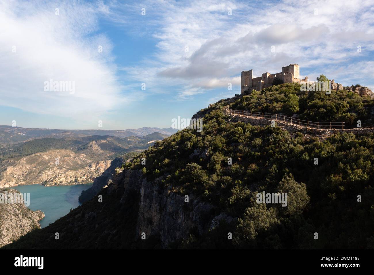 Beautiful view of the Chirel Castle and the Cortes de Pallas reservoir. Valencian Community - Spain Stock Photo
