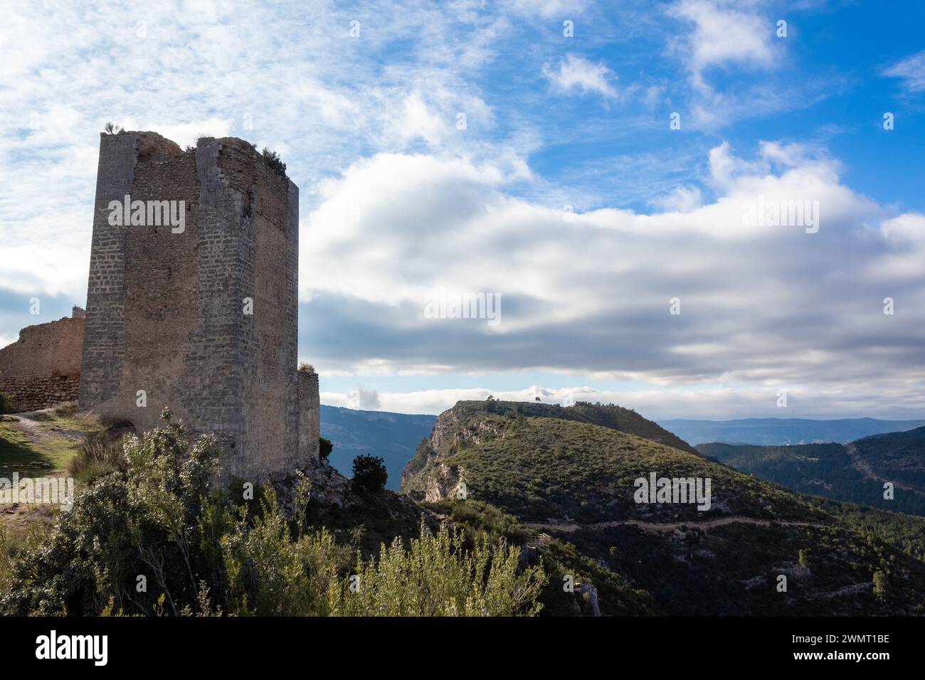 Old tower of the medieval castle of Chirel. Cortes de Pallás - Valencian Community - Spain Stock Photo