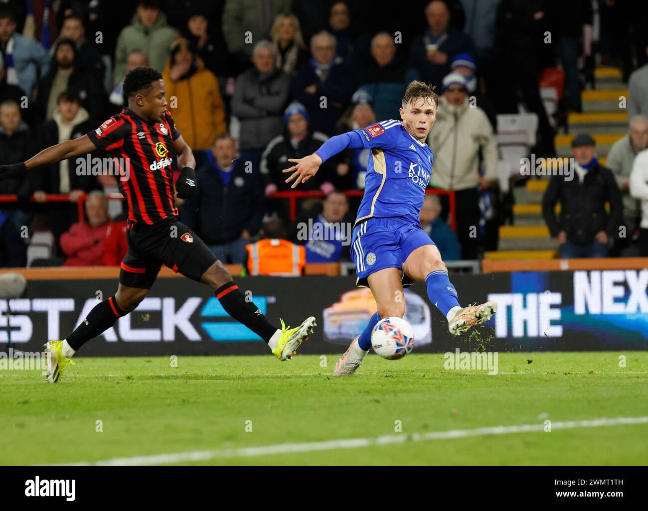 Vitality Stadium, Boscombe, Dorset, UK. 27th Feb, 2024. FA Cup Fifth Round Football, AFC Bournemouth versus Leicester City; Callum Doyle of Leicester City crosses the ball Credit: Action Plus Sports/Alamy Live News Stock Photo