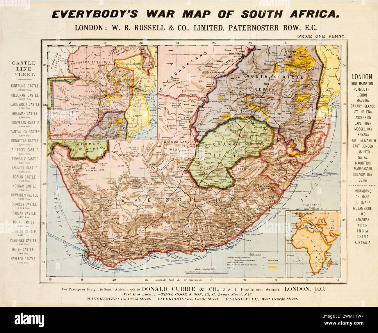 Vintage Map: 'Everybody's War Map of South Africa.  WR Russel and Co. Circa 1899-1901. Second  Boer War period.  Map shows resources, transportation. Stock Photo