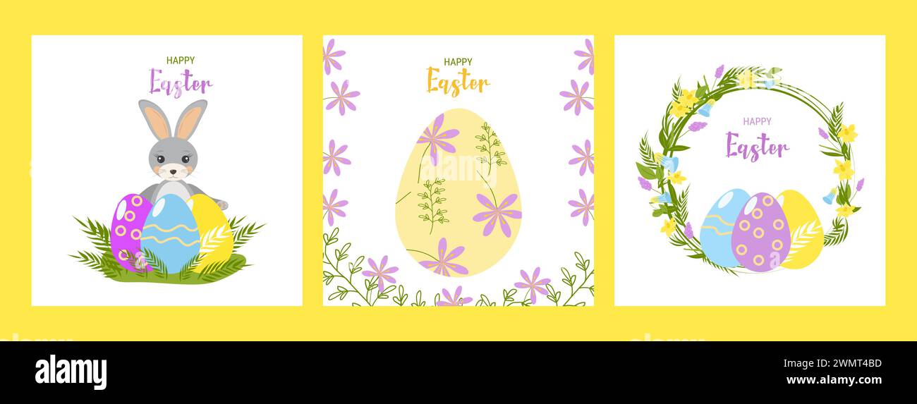 Easter banner design for Social Media web packaging and advertising. Cute bunny and Easter eggs in bright colors. Three separate color posters. Vector illustration. Stock Vector