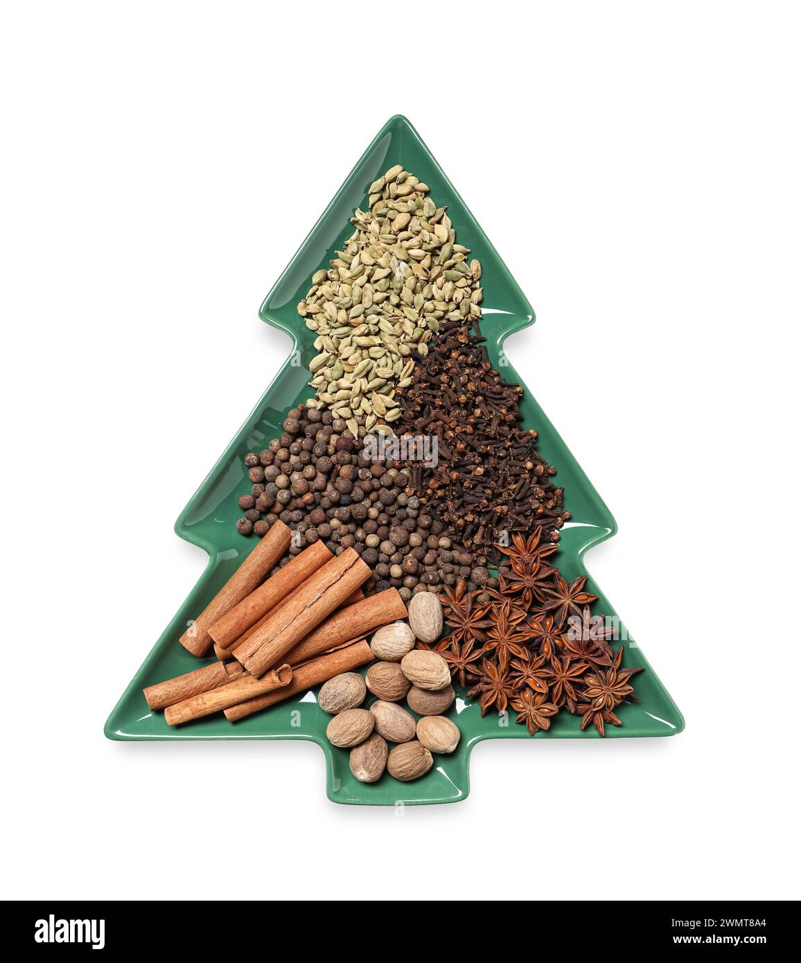 Different spices and nuts isolated on white, top view Stock Photo