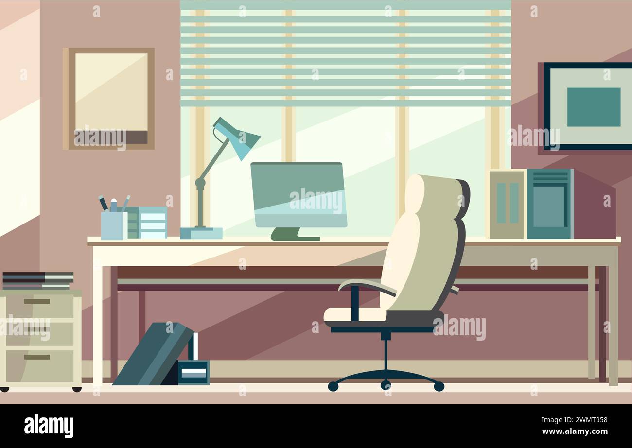 Flat Vector Design of Workspace Landscape in the Office with Modern Interior Style Stock Vector