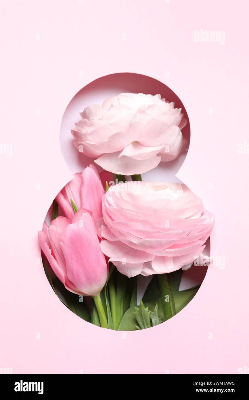 8 March greeting card design with flowers, top view. Happy ...