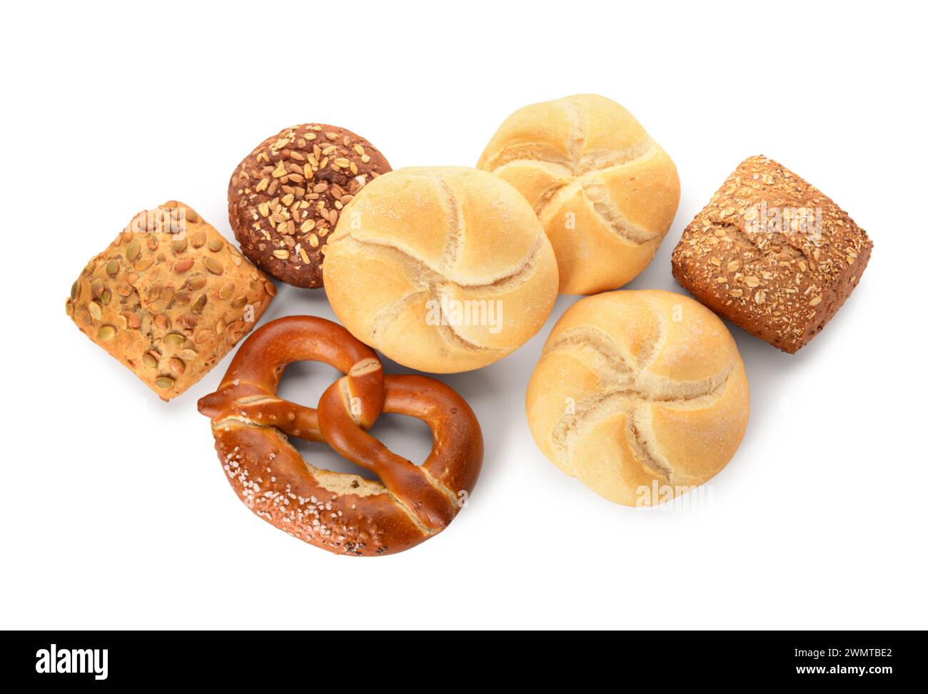 Different delicious buns and pretzel on white background Stock Photo