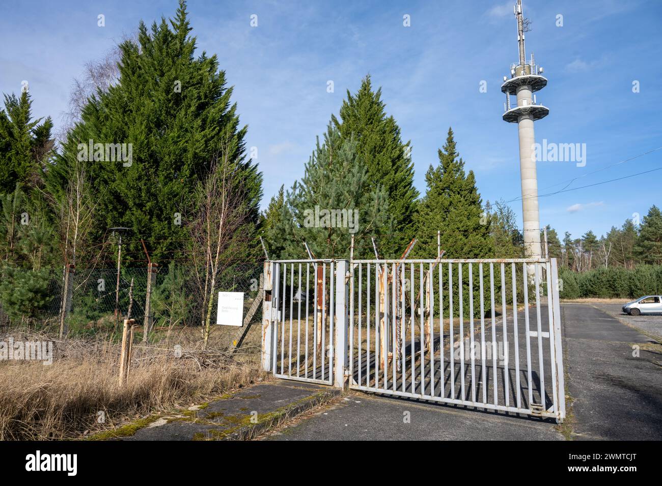 Pasewalk, Germany. 23rd Feb, 2024. Entrance gate to the site of a GDR bunker in Mecklenburg-Vorpommern. According to owner Fuhrmann from Torgelow, there are several interested parties for the bunker, which is up for sale. The GDR bunker in Pasewalk is to be sold. Credit: Stefan Sauer/dpa/Alamy Live News Stock Photo