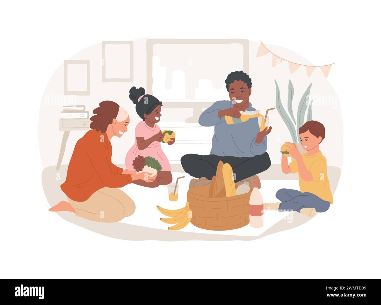 Indoor picnic isolated concept vector illustration. Family quarantine fun, indoor activities, stay at home picnic, romantic time during pandemic, time spending ideas for kids vector concept. Stock Vector