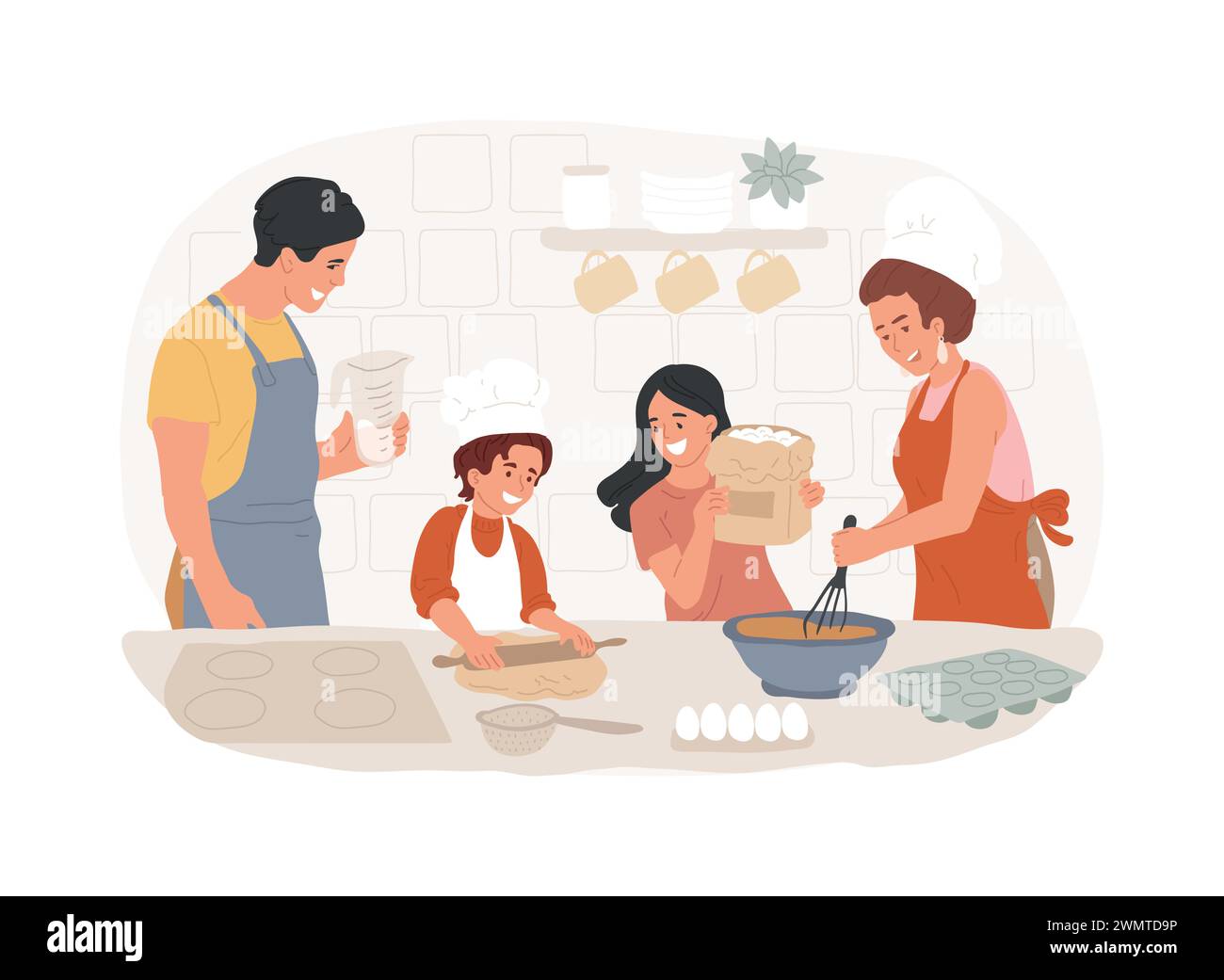 Bake together isolated concept vector illustration. Family fun during quarantine, home sitting ideas, spending time together during isolation, adults baking with children vector concept. Stock Vector