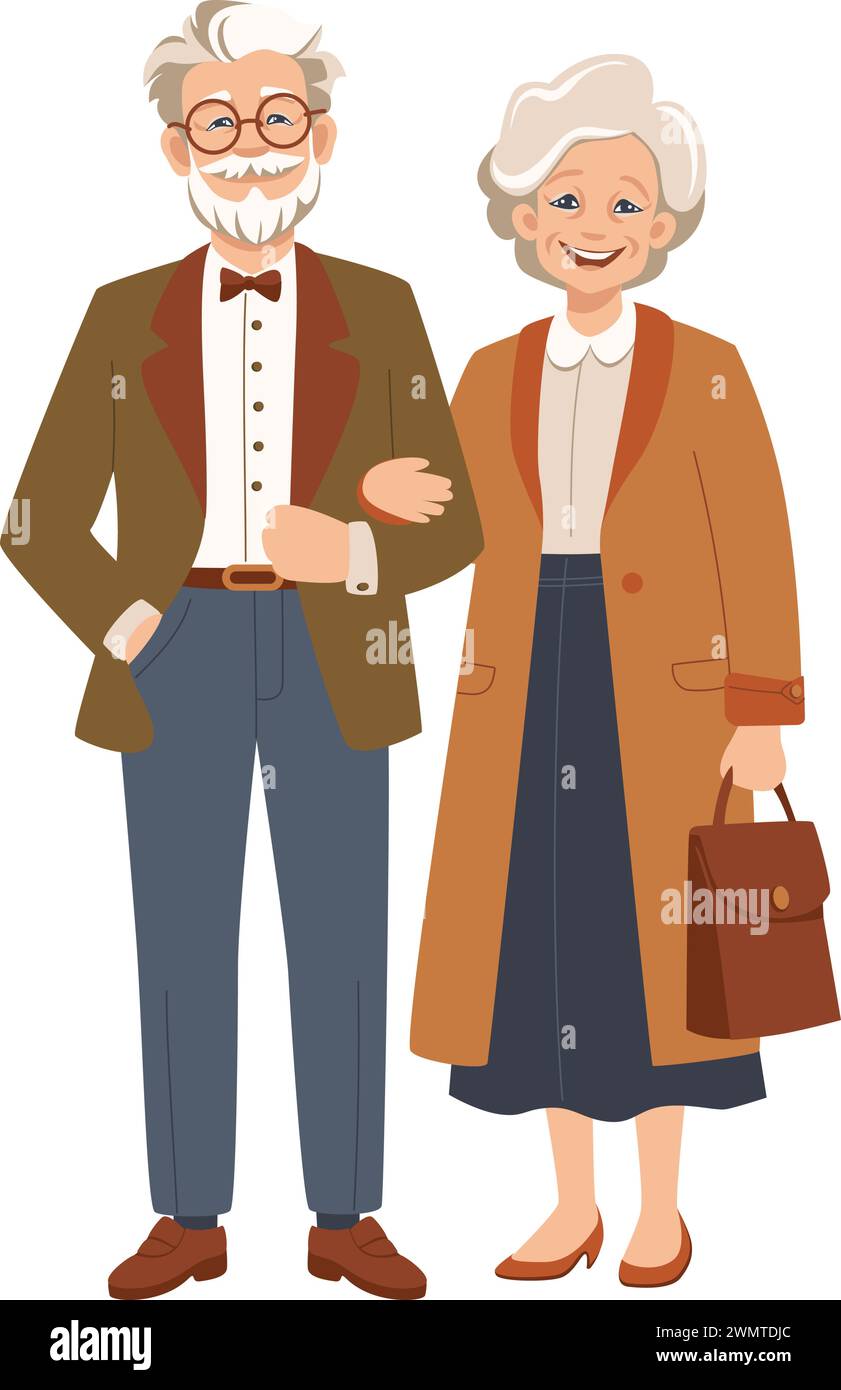 Happy senior couple of modern fashion elderly man and woman. Vector flat illustration isolated on white background Stock Vector