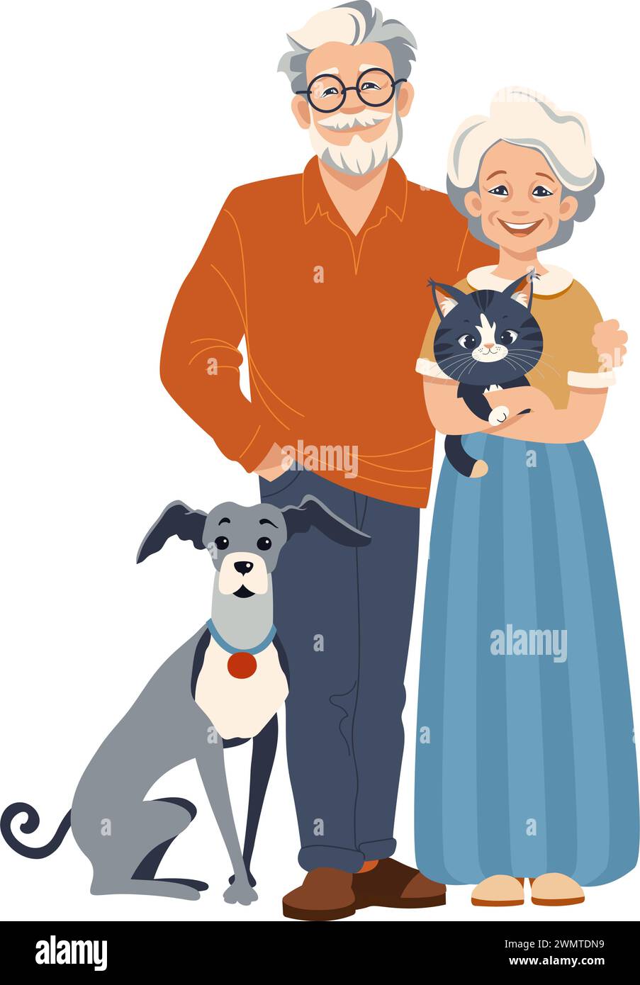 Happy senior couple of modern fashion elderly man and woman with pet. Vector flat illustration isolated on white background Stock Vector