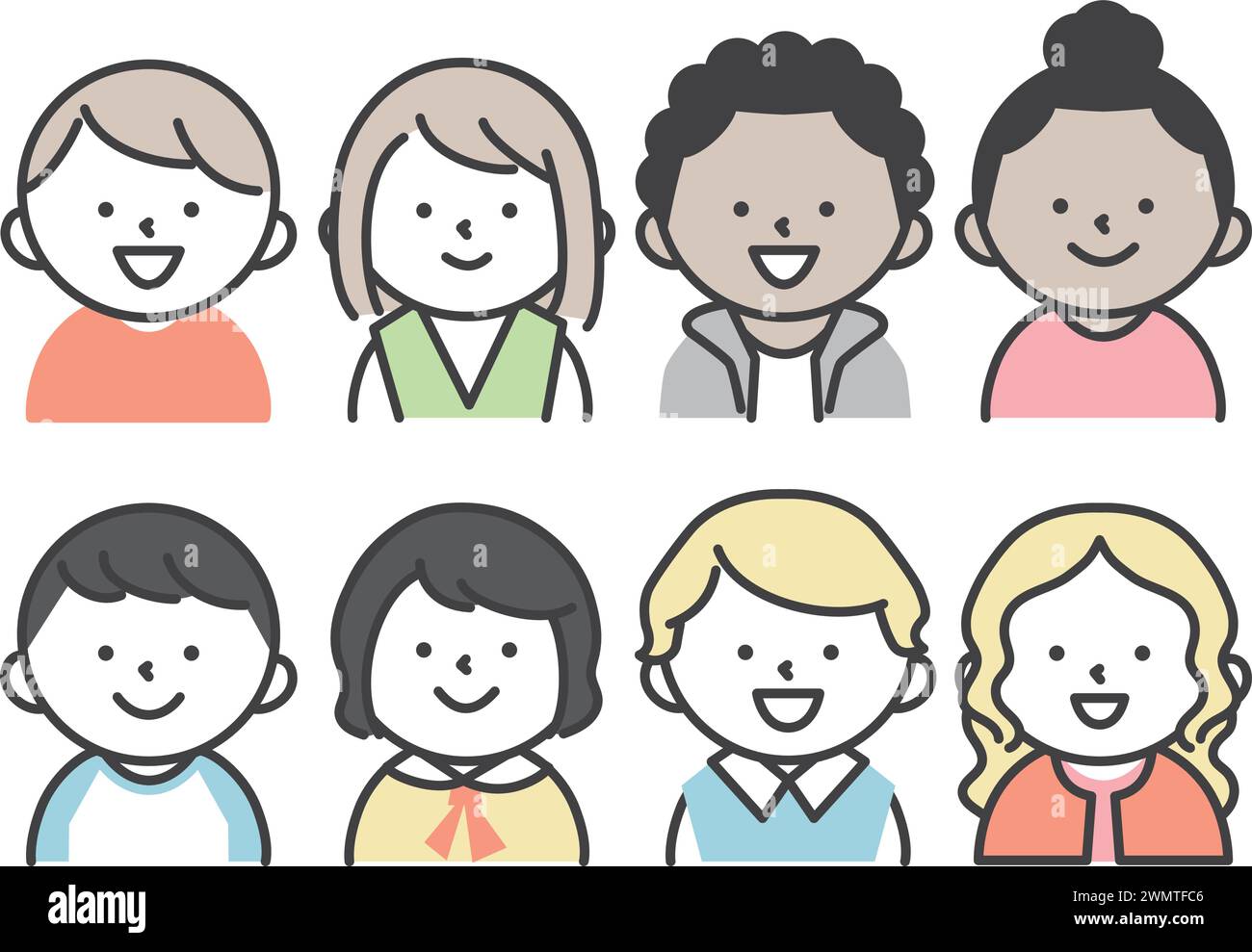 An illustration set of children from various countries around the world. upper body with smiling expression. Simple and cute character illustration. Stock Vector