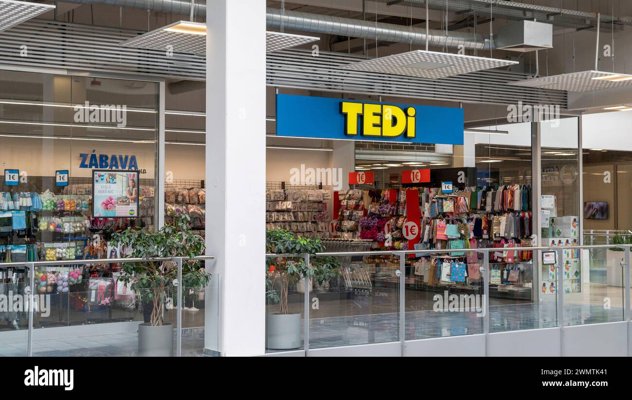 Nitra, Slovakia - February, 24, 2024 : Tedi shop Sign. Brand logo. Tedi is a European chain of discount shops. Stock Photo