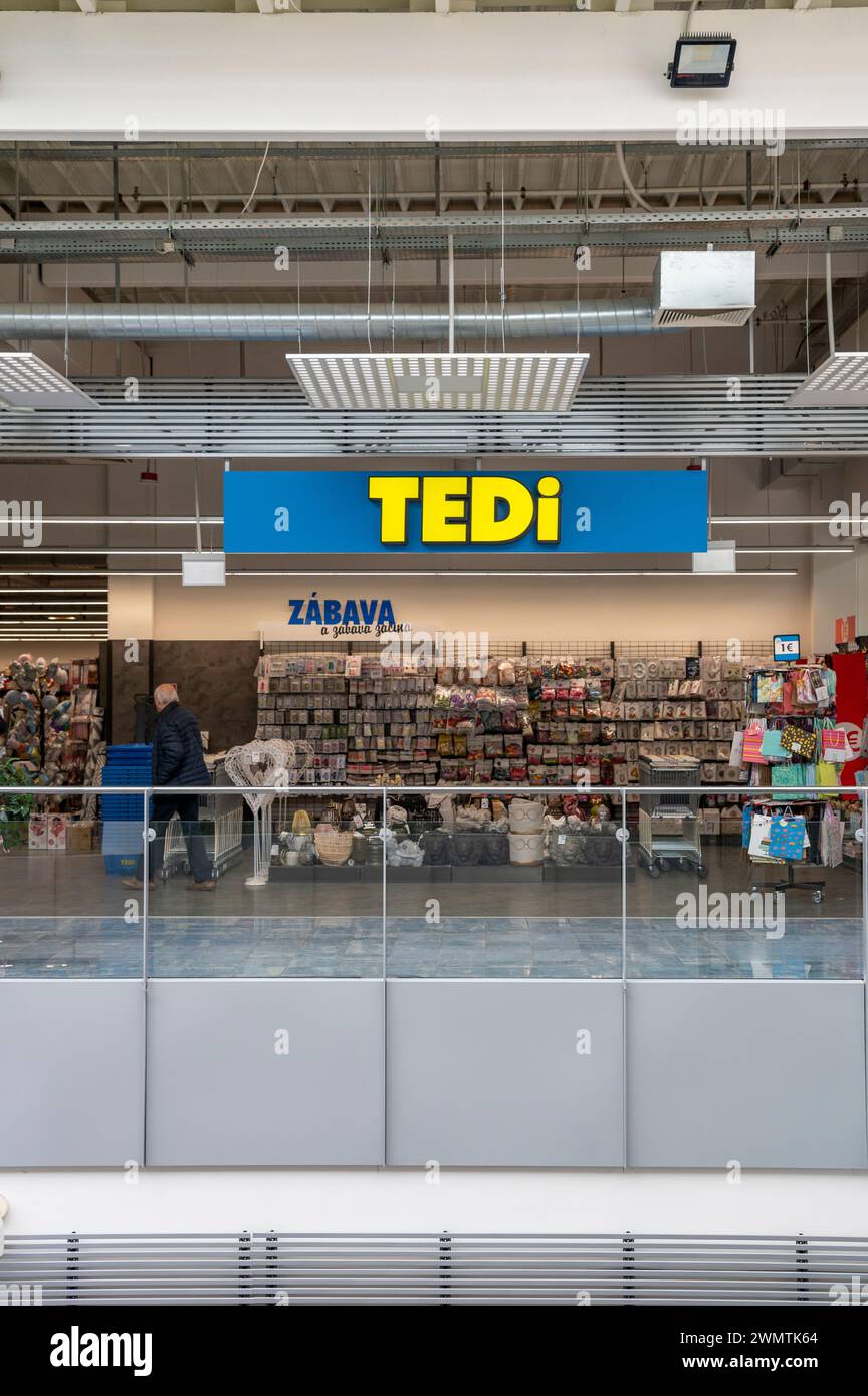 Nitra, Slovakia - February, 24, 2024 : Tedi shop Sign. Brand logo. Tedi is a European chain of discount shops. Stock Photo