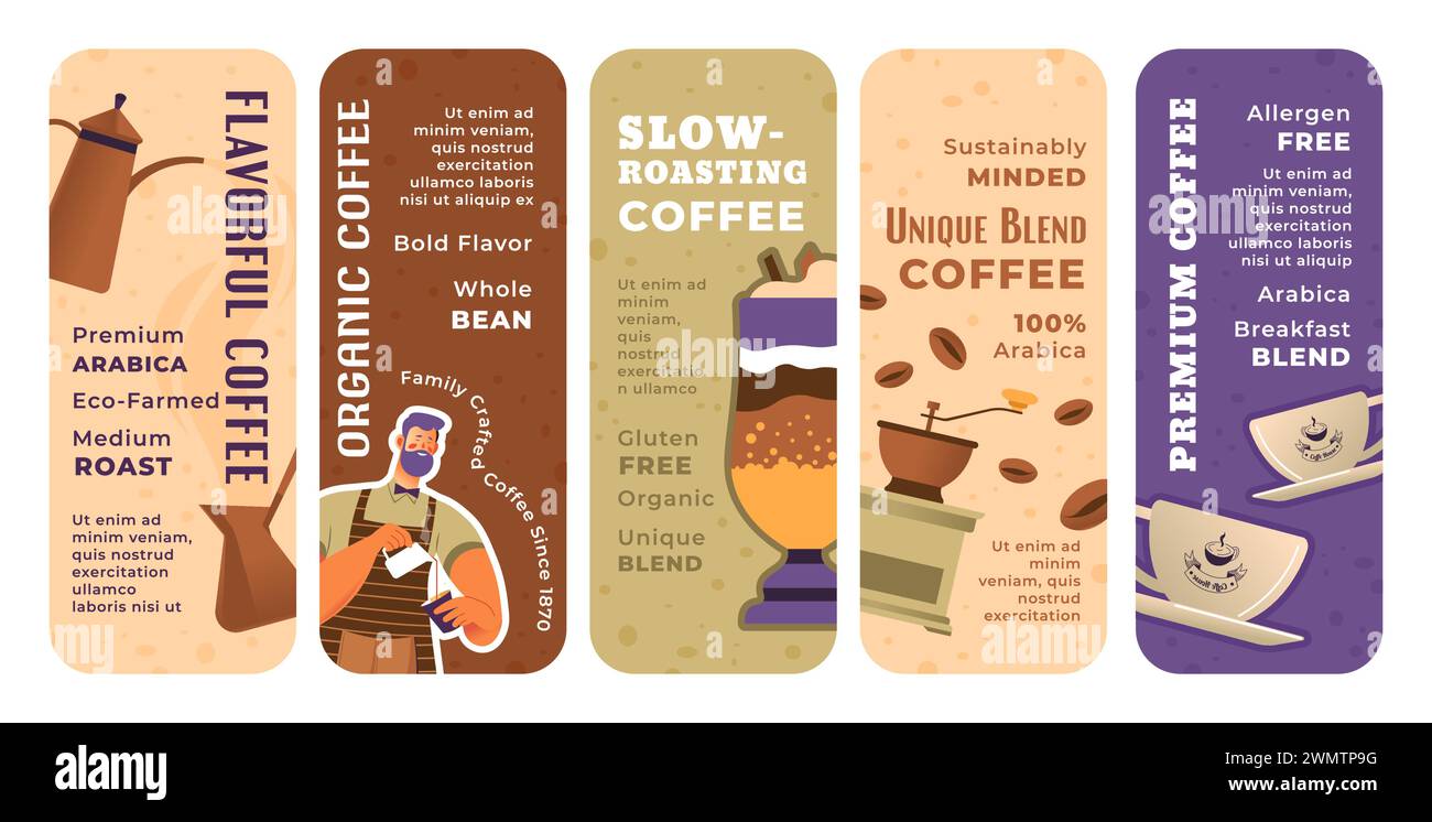Package design set for organic coffee advertising Stock Vector