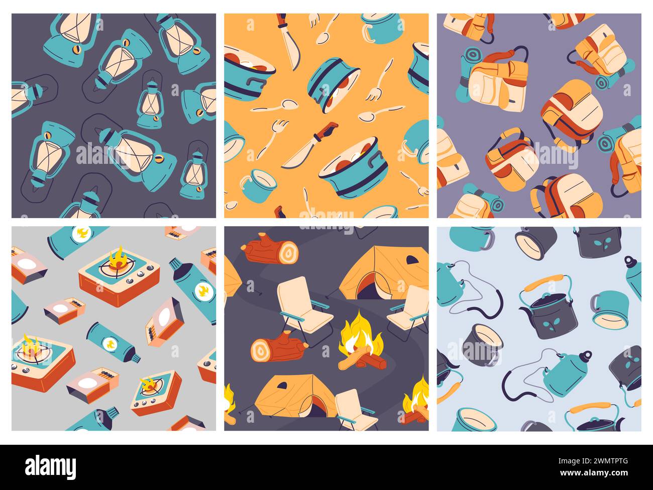 Decorative pattern set with hike equipment elements Stock Vector