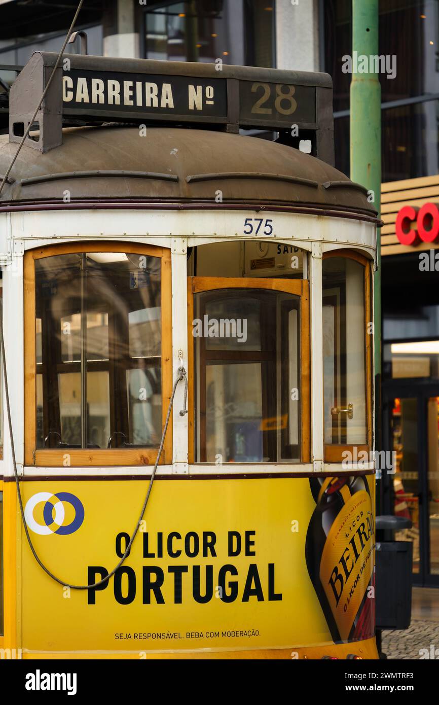 Famous number 28 tram, close up in Lisbon, Portugal. February 1, 2024. Stock Photo