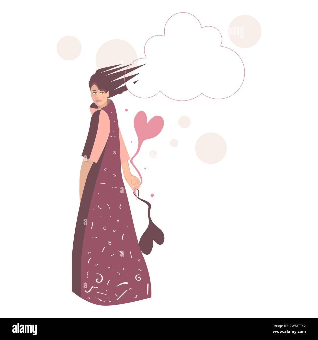 A girl with thoughts and two hearts in her hand. Stock Vector