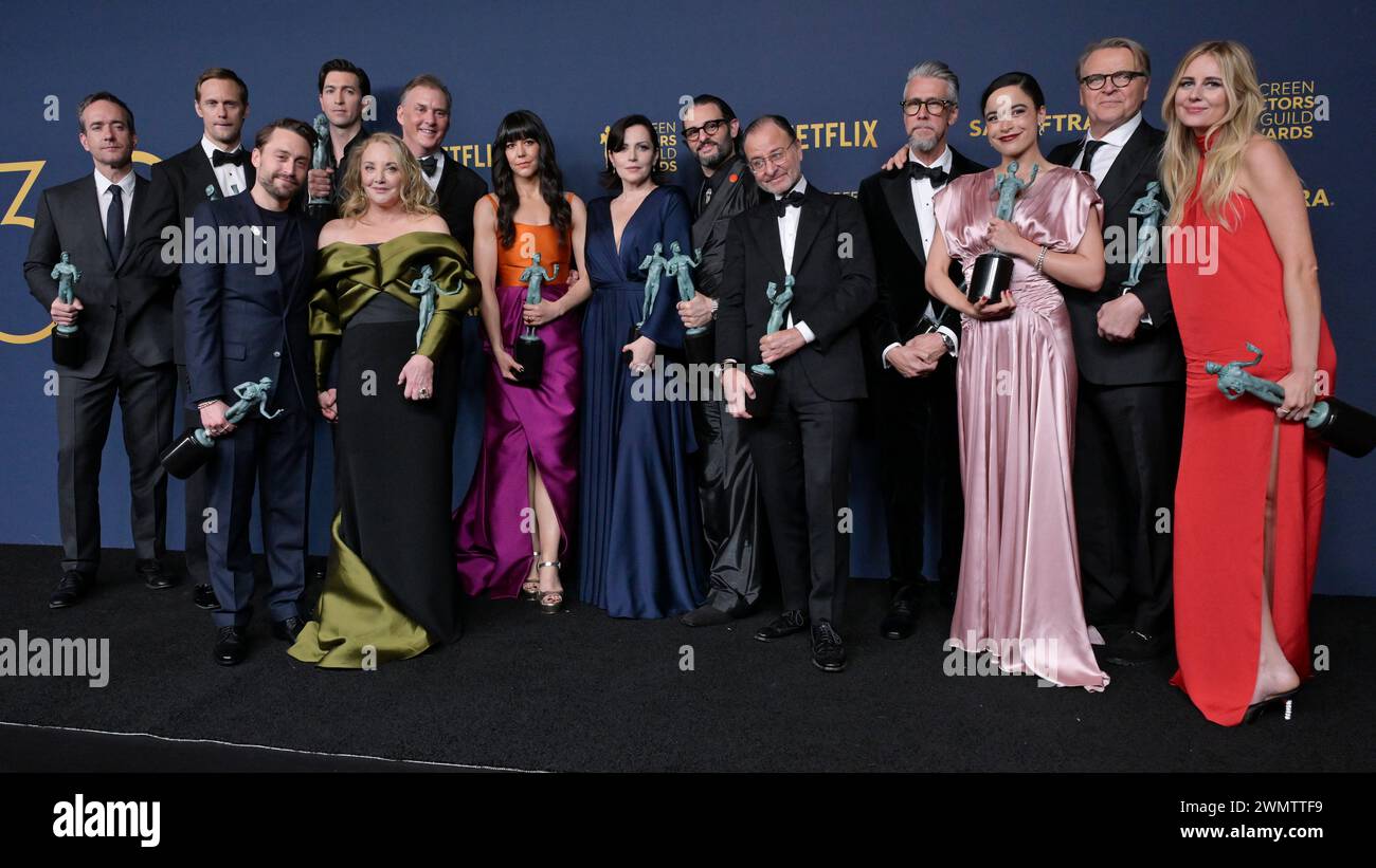 February 24, 2024, Los Angeles, California, U.S.: (L-R) Matthew Macfadyen, Kieran Culkin, J. Smith-Cameron, Scott Nicholson, Alexander SkarsgÃ¥rd, Dagmara Dominczyk, Zoe Winters, Fisher Stevens, Nicholas Braun, Arian Moayed, Alan Ruck, Juliana Canfield, David Rasche and Justine Lupe, the winners of the Outstanding Performance by an Ensemble in a Drama Series award for 'Succession' pose in the press room during the 30th Annual Screen Actors Guild Awards. (Credit Image: © Billy Bennight/ZUMA Press Wire) EDITORIAL USAGE ONLY! Not for Commercial USAGE! Stock Photo