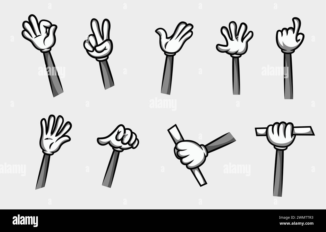 Black and white twelve different poses of cartoon hands. Isolated ...
