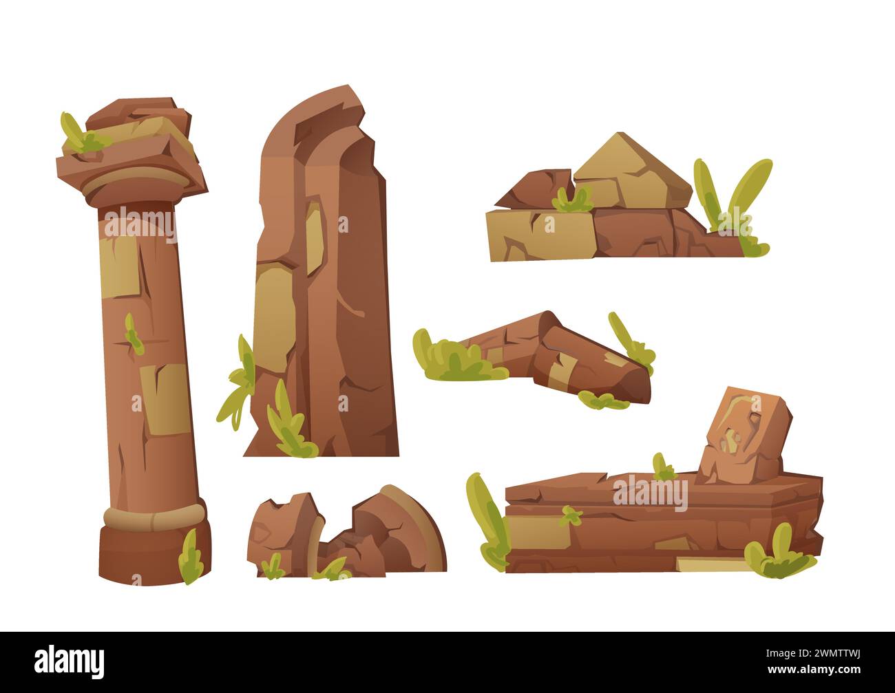 Ancient ruins set - destroyed architecture or monuments of old civilizations and tribal culture. Cartoon vector collection of ruined medieval antique constructions stones and columns with grass. Stock Vector